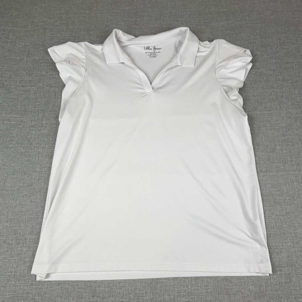 Lillie Green Pulitzer Polo Womens XL White Cap Sleeve Ruffle Stretch Jersey Top